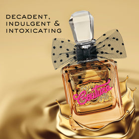 Viva La Juicy Gold bottle with amber liquid visible through glass, ideal for date-night fragrance.