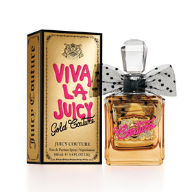 Juicy Couture Viva La Juicy Gold bottle gleams, highlighting luxury design for daily glamour.