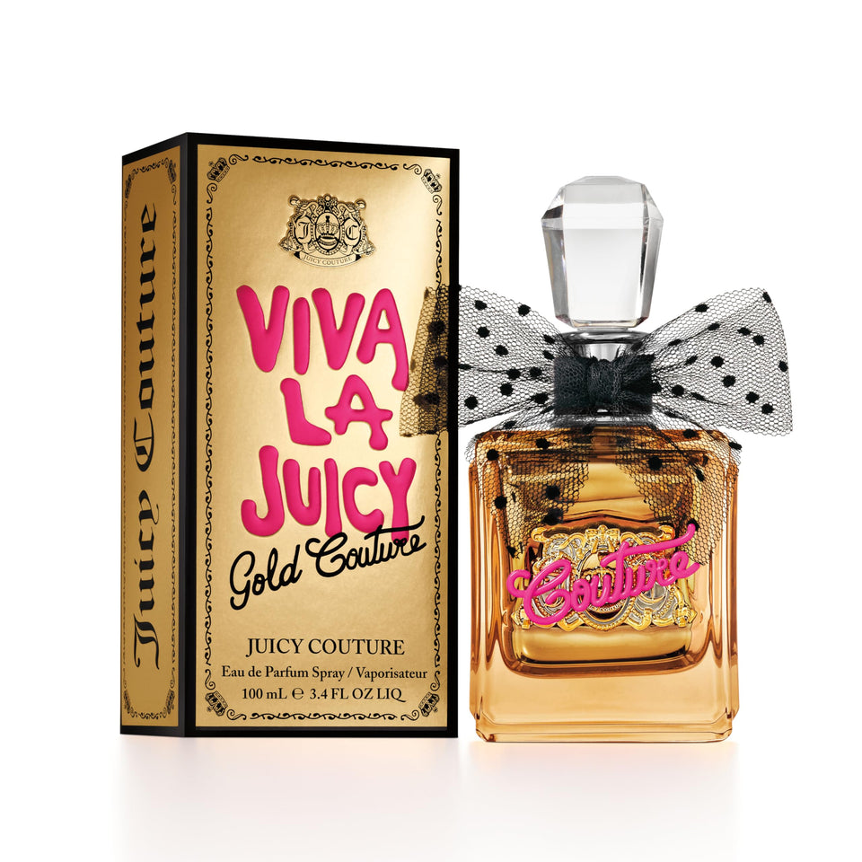 Juicy Couture Viva La Juicy Gold bottle gleams, highlighting luxury design for daily glamour.