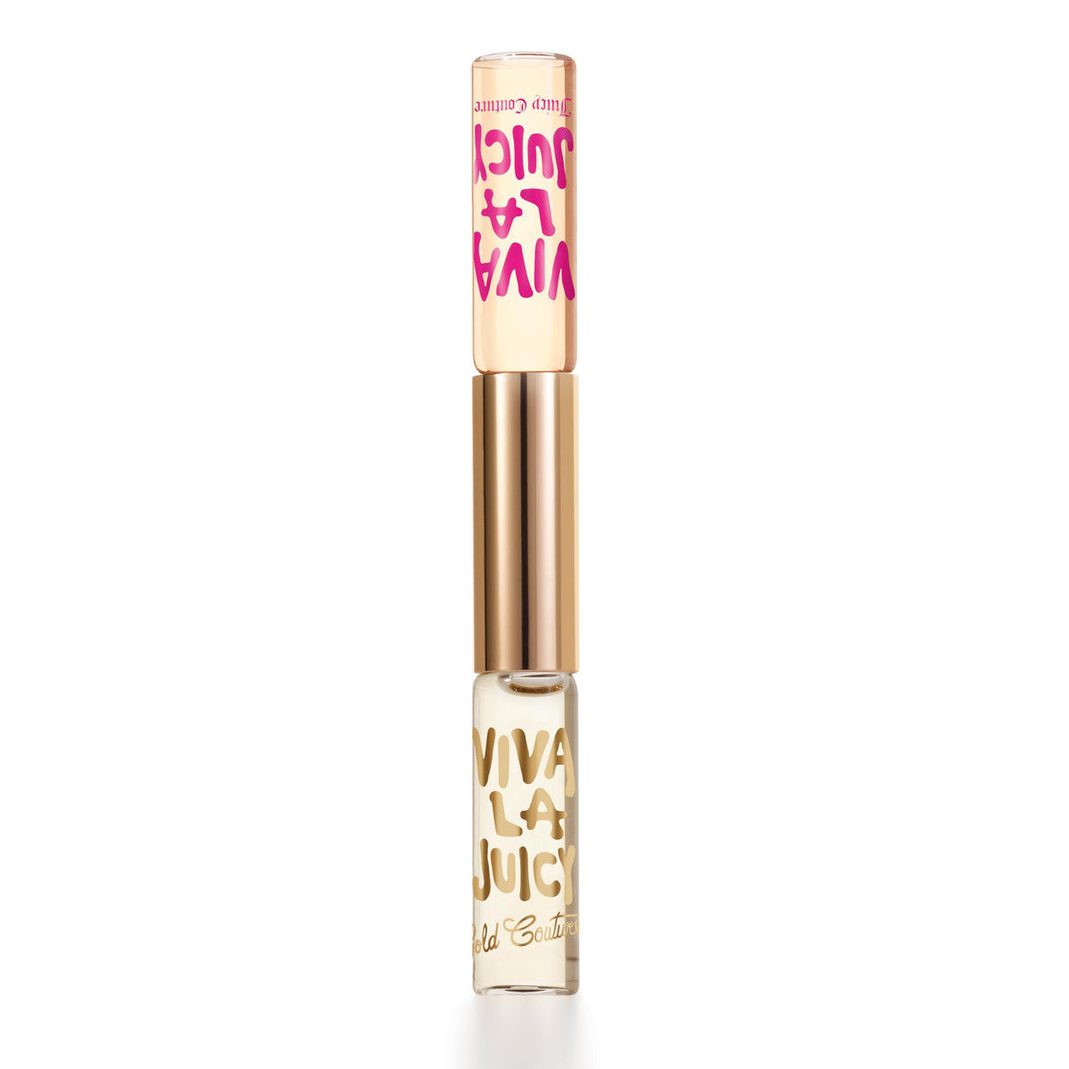 Juicy Couture Viva La Juicy Gold Couture dual rollerball front view for on-the-go fragrance.