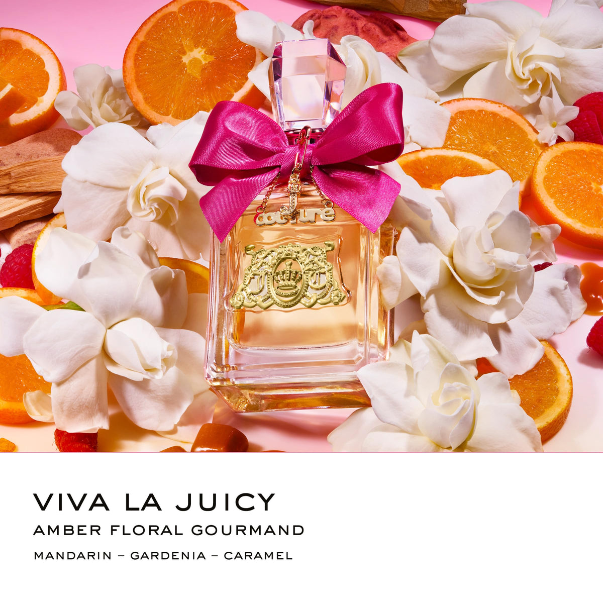 Juicy Couture Viva La Juicy Sucré bottle closeup shows creamy dessert-inspired aroma.