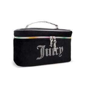 Juicy Couture black rainbow makeup bag displaying organized cosmetics for travel.