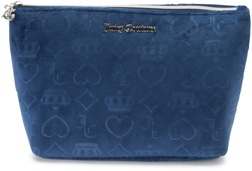 Juicy Couture blue makeup bag with zip top for secure travel organization