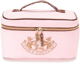 Juicy Couture pink makeup bag front view with velvet texture and crown rhinestones for stylish travel