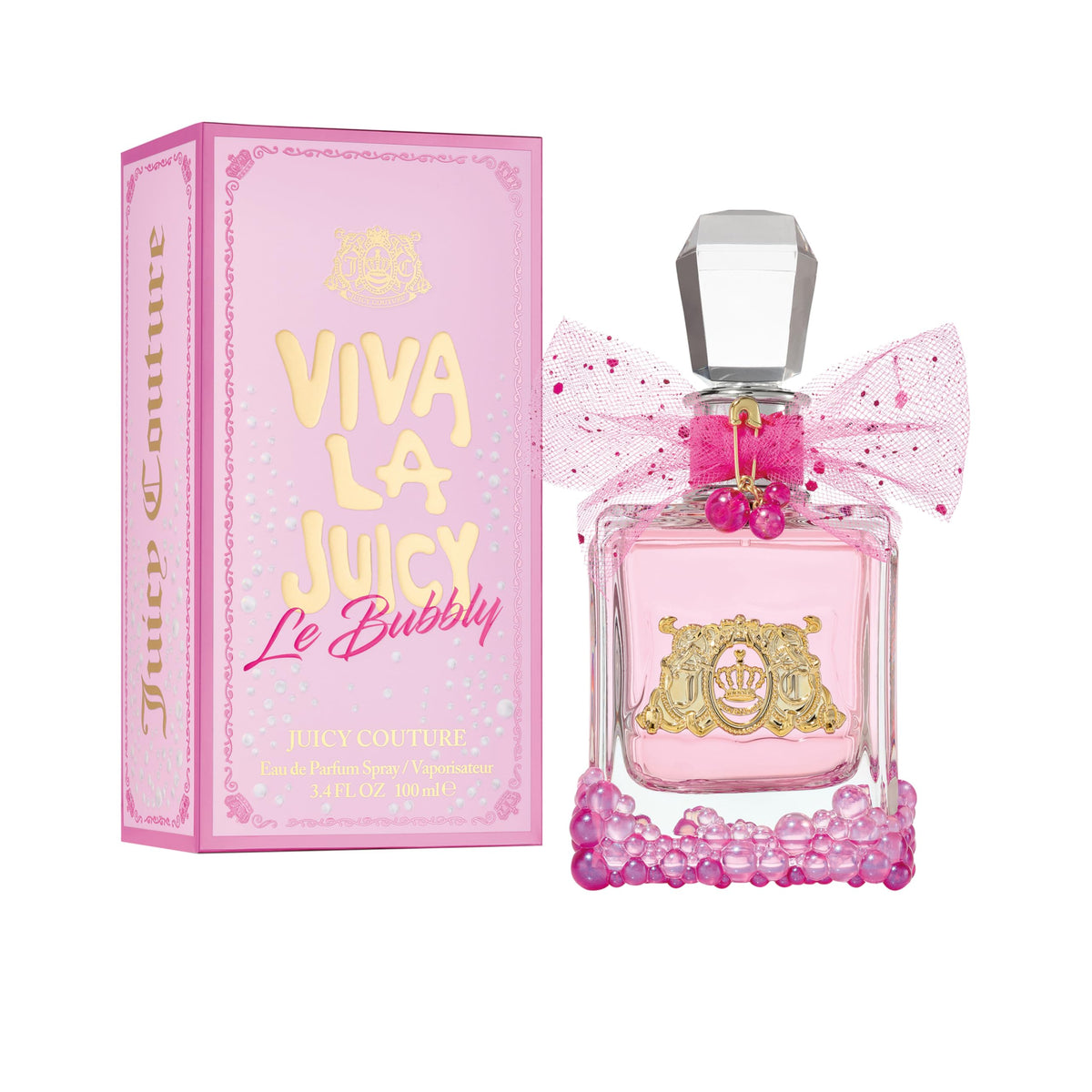 Juicy Couture Viva La Juicy Le Bubbly bottle on a pink backdrop emphasizing party-ready fragrance