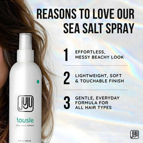 JUJU CHAN Sea Salt Spray on man hair for beachy texture.
