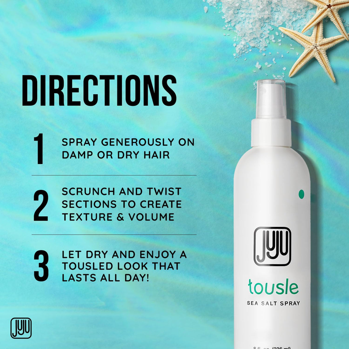 JUJU CHAN Non-aerosol Sea Salt Spray provides light texture.