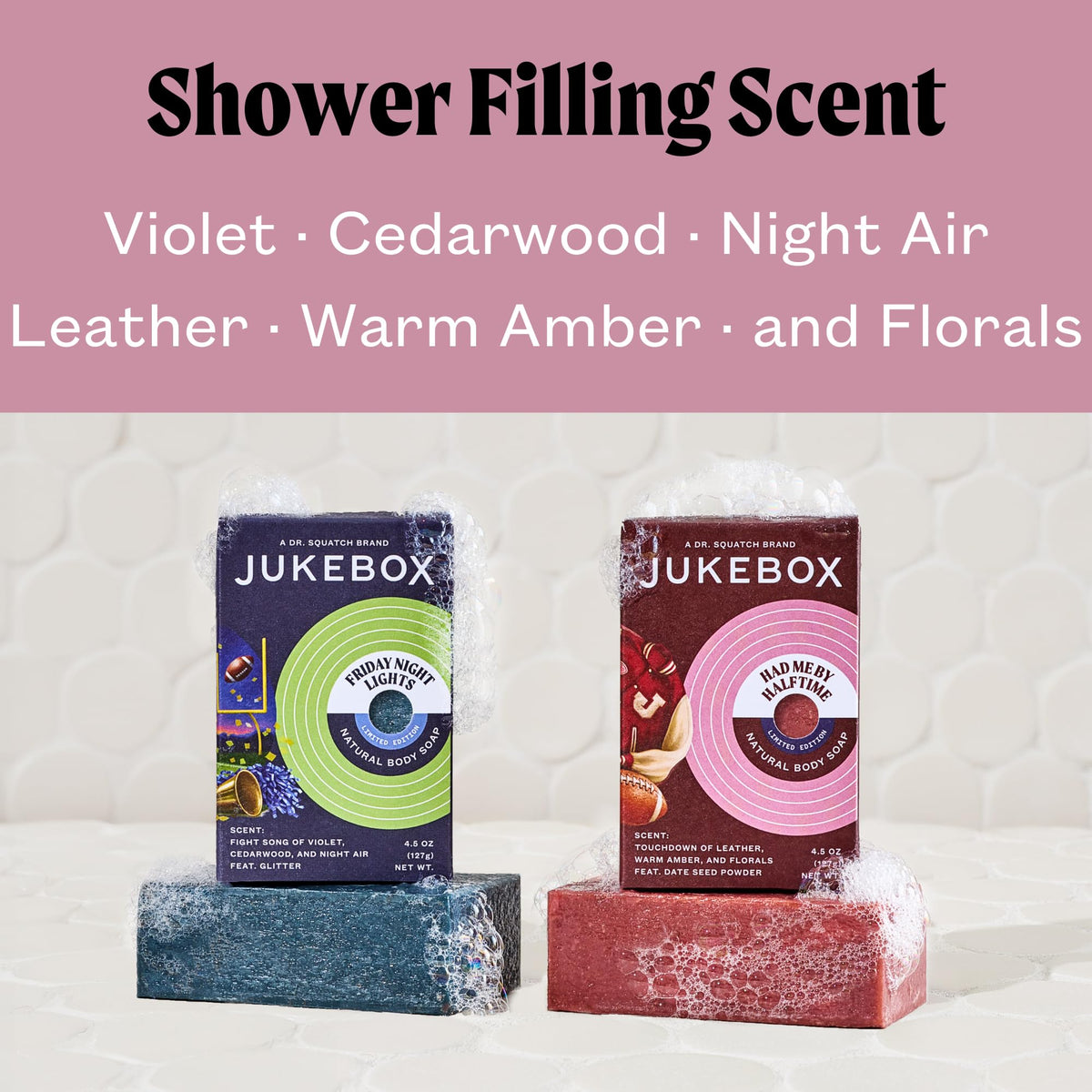 JUKEBOX Friday Night Lights bar soap showing creamy lather and medium scrub texture.