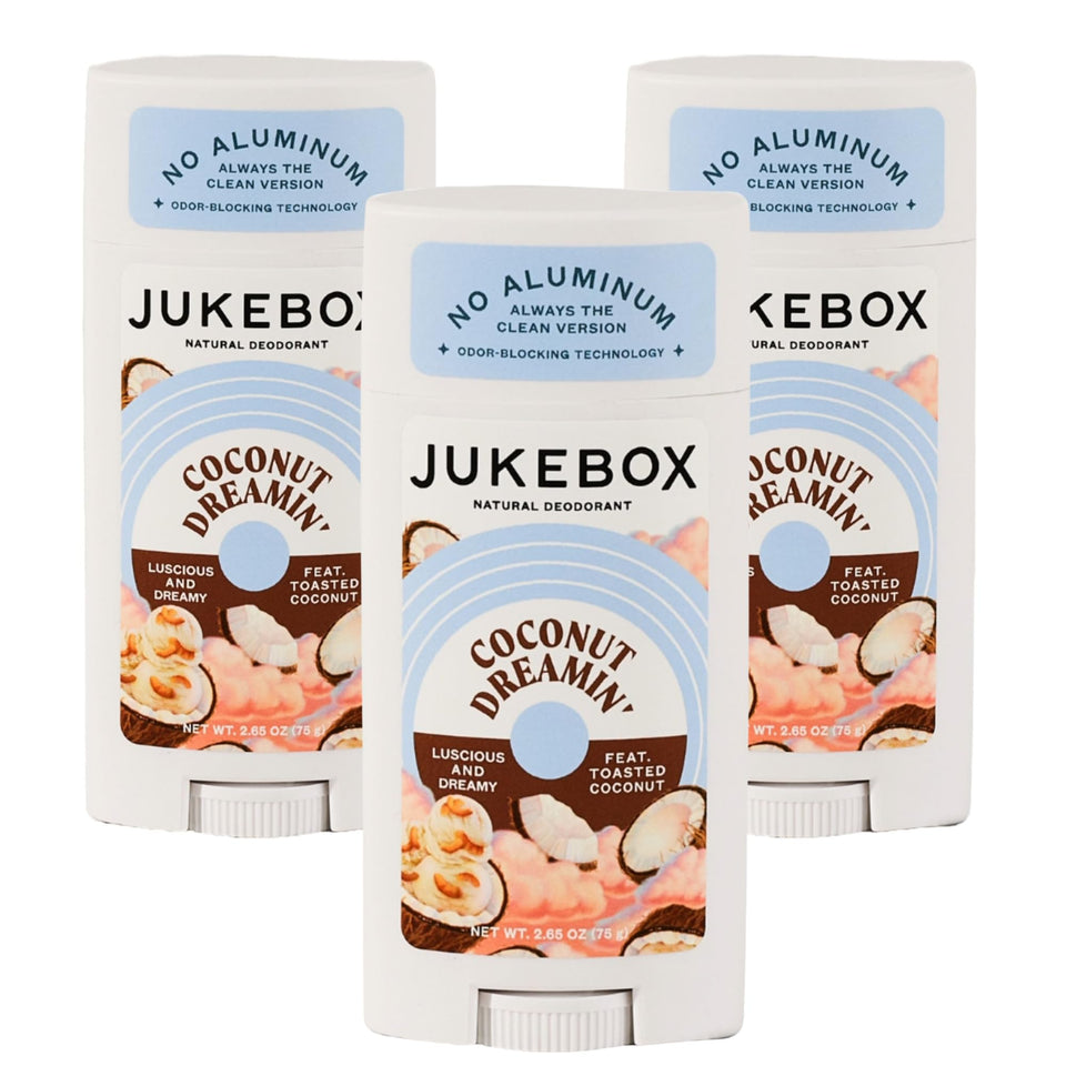 JUKEBOX Coconut Dreamin' deodorant bottle showing toasted coconut scent and clean formula
