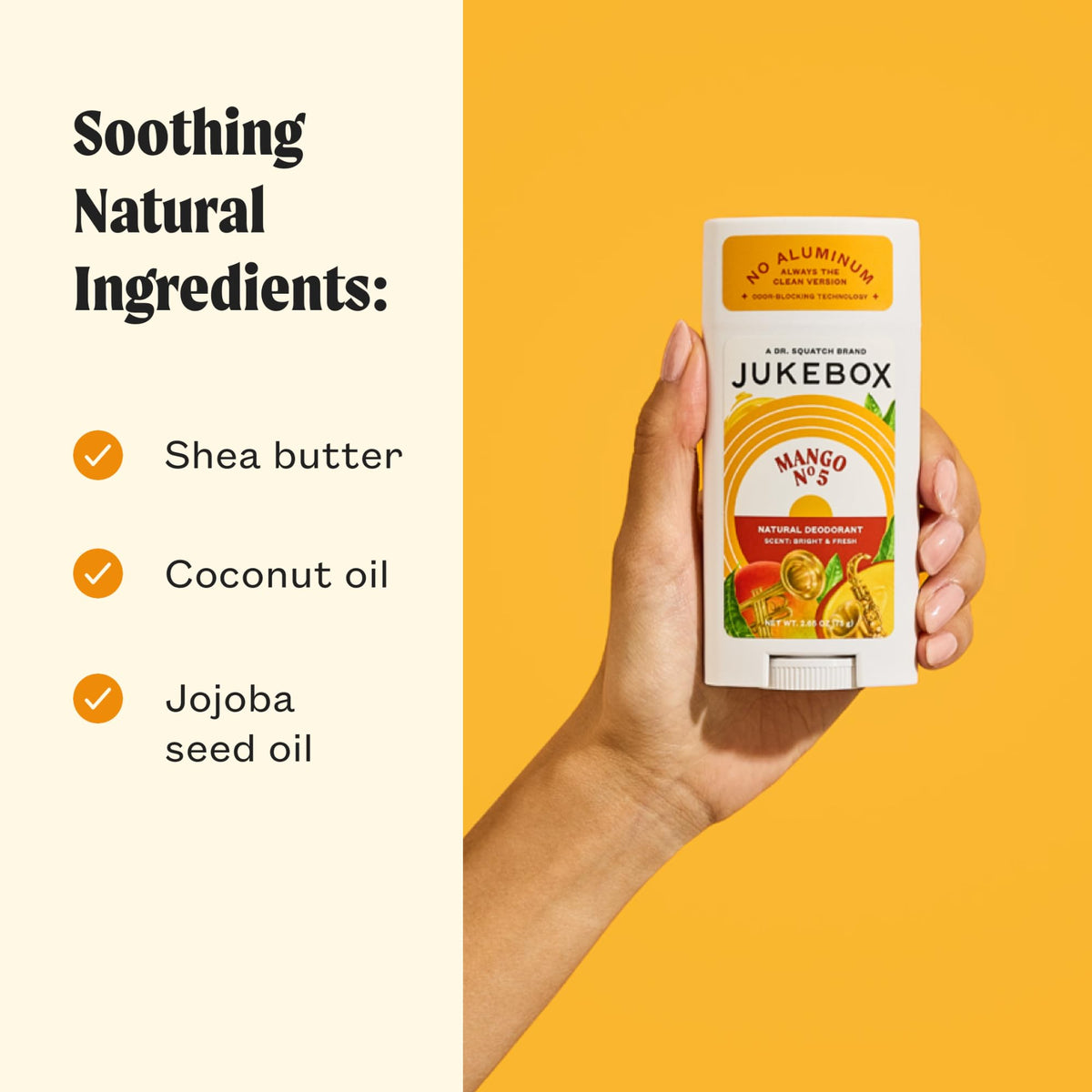 JUKEBOX Mango No.5 close-up shows arrowroot and charcoal for odor control.