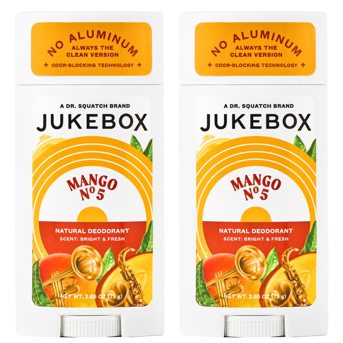 JUKEBOX Mango No.5 deodorant bottle shows bright scent and aluminum-free formula.