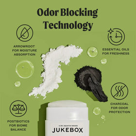 Arrowroot and charcoal icons representing odor-blocking technology for lasting freshness