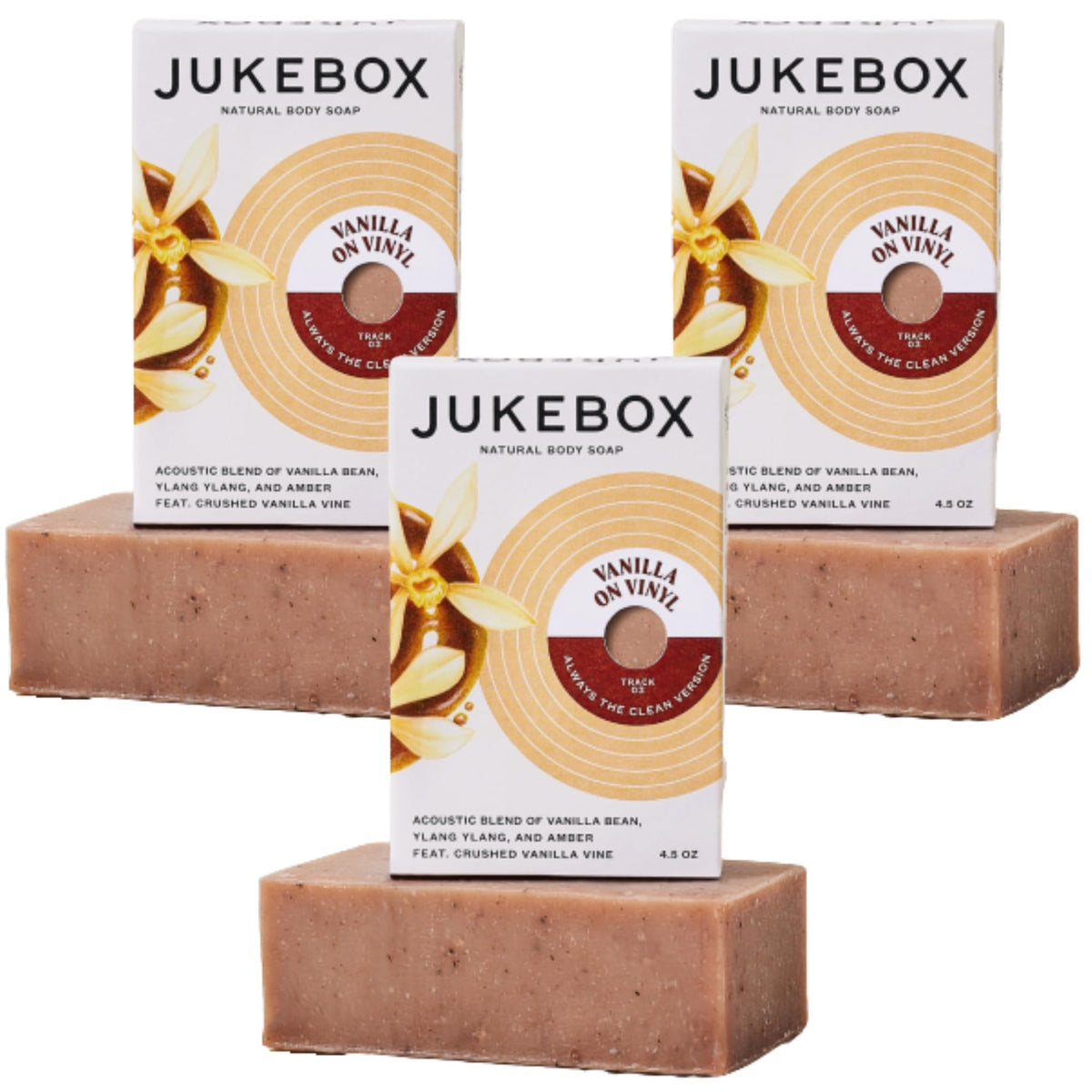 JUKEBOX Vanilla on Vinyl bar soap front view with scent notes for a refreshing morning shower
