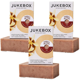 JUKEBOX Vanilla on Vinyl bar soap front view with scent notes for a refreshing morning shower