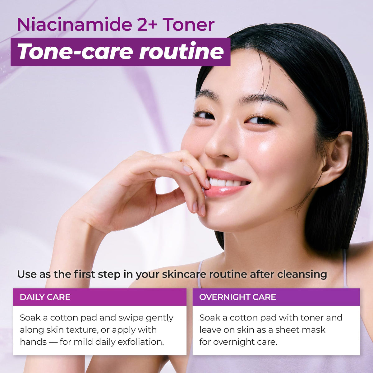JUMISO Niacinamide toner cotton pad application demonstrates AM/PM routine