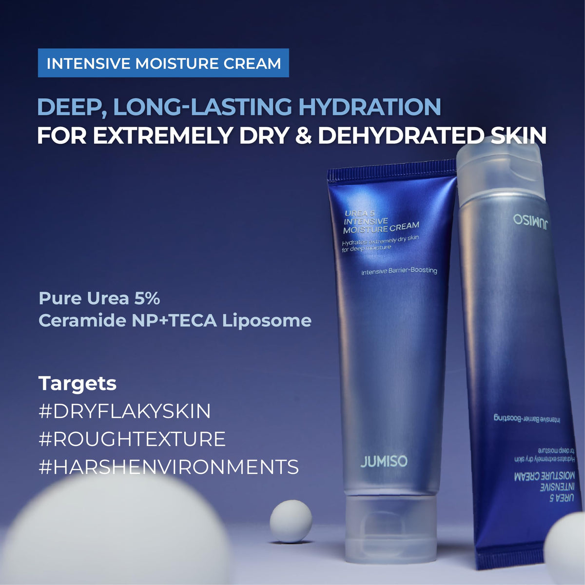 JUMISO Urea 5 cream swatch on hand reveals non-greasy finish and softness.