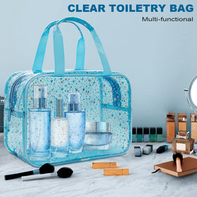 Junesters clear bag design with wide zipper for quick item visibility.