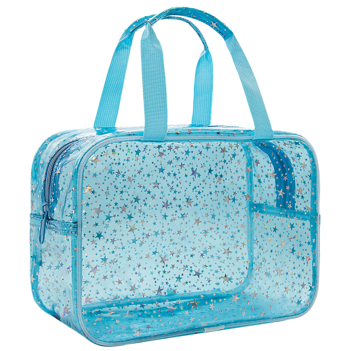 Junesters clear blue star makeup bag with star pattern, ideal for travel organization.