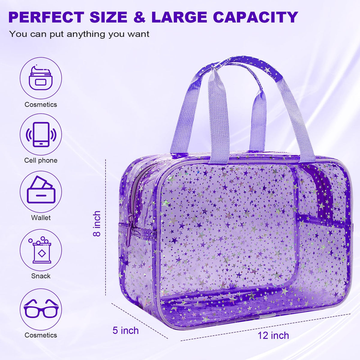 Junesters Clear Purple Star Bag with handle for easy travel carrying.