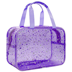 Junesters Clear Purple Star Bag top view, large interior for quick makeup access.