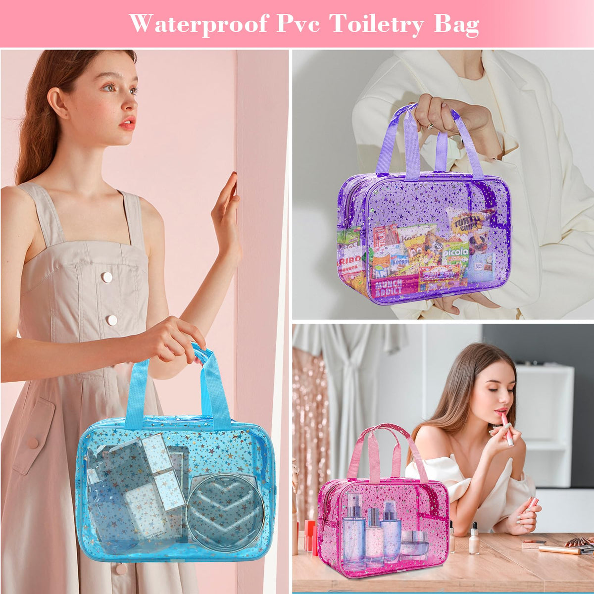 Junesters Durable PVC bag keeps cosmetics secure and easy to clean.