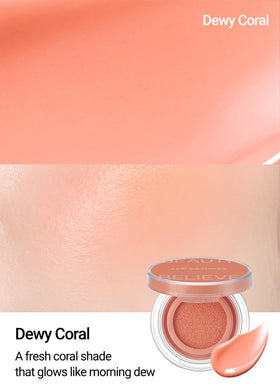 Hydration-focused cushion blush with hyaluronic acid on the cheeks