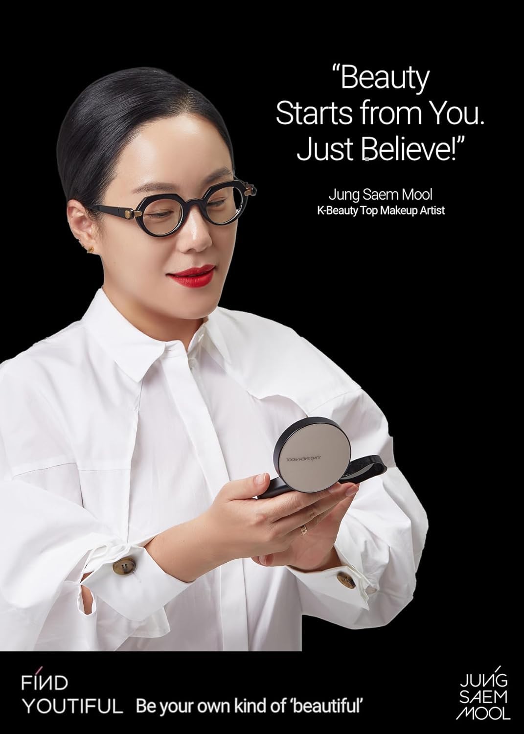Jung Saem Mool compact shows refill slot and sleek magnetic closure.
