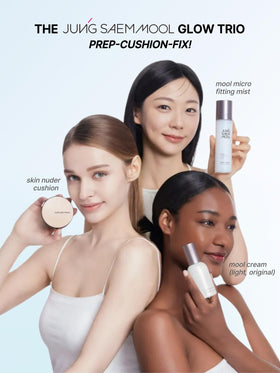 Jung Saem Mool Essential Skin Nuder Cushion refill next to skincare routine suggests daily versatility.