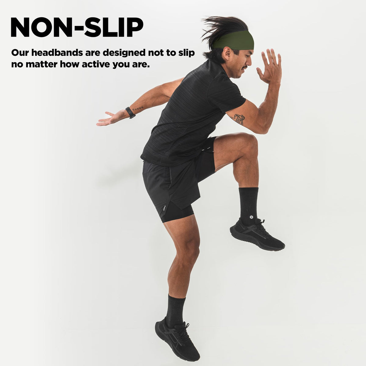 JUNK Brands Big Bang Lite Headband during workouts demonstrating secure stay-put design