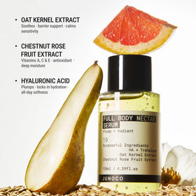 Post-shower application with JUNO & Co. Full Body Nectar Serum soothing the skin