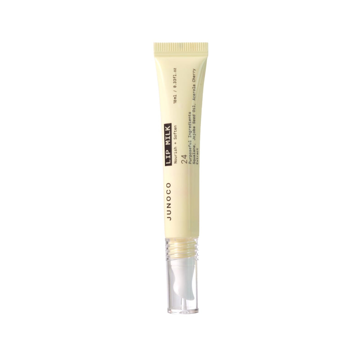 JUNO and Co Lip Milk jar close-up showing milky texture and hydration.