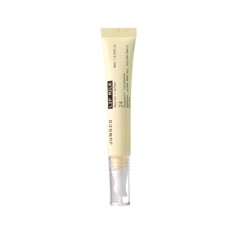 JUNO and Co Lip Milk jar close-up showing milky texture and hydration.