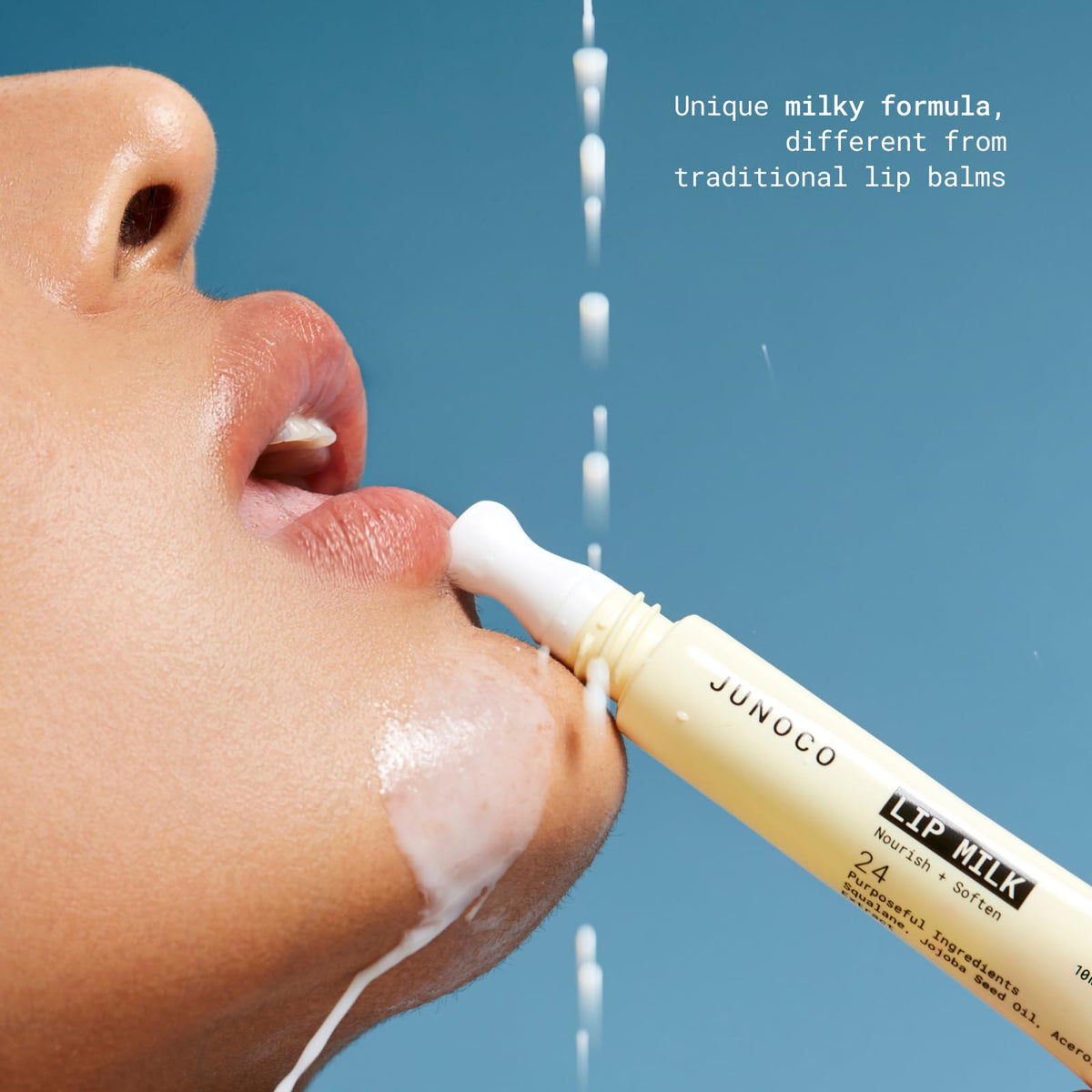 JUNO and Co Lip Milk milky texture spreads smoothly for daily lip care.