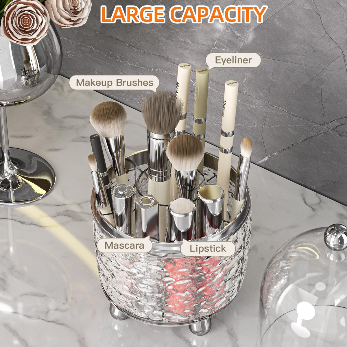 Jupiter Warrior large-capacity brush holder with six compartments for brushes, lipsticks, and eyeliners by type.