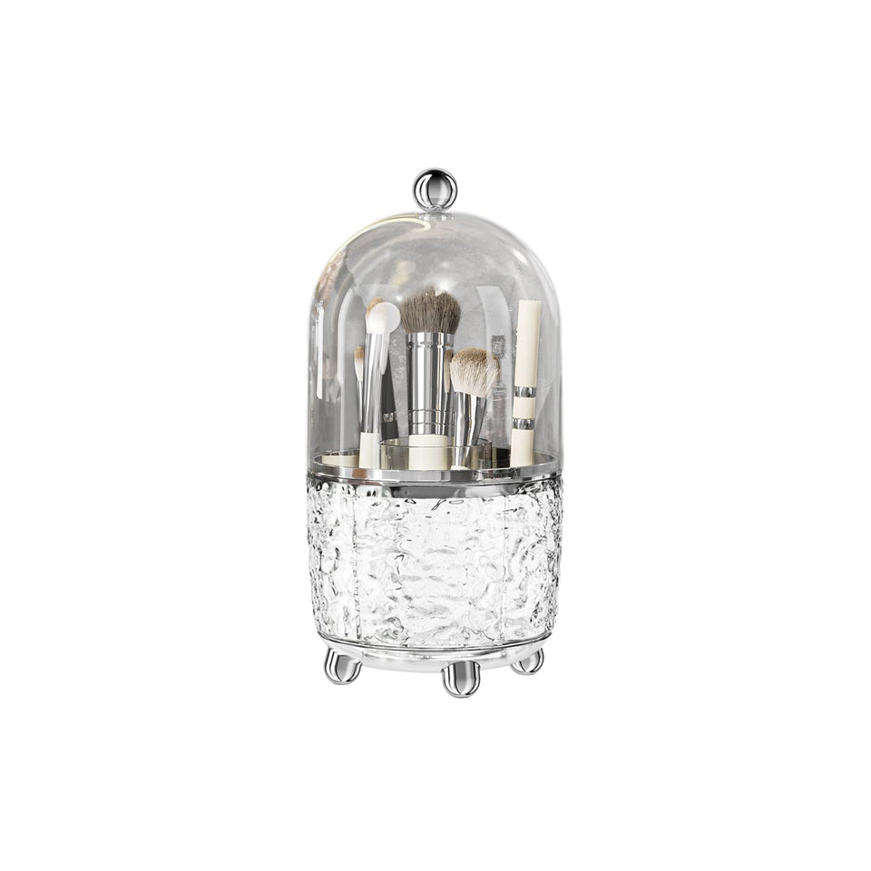 Jupiter Warrior makeup brush holder with lid, 360° rotation for quick access during makeup.