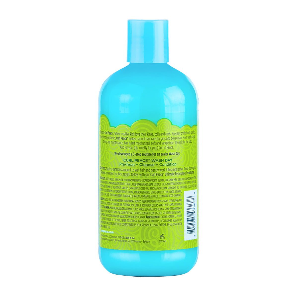 Just For Me Curl Peace Detangling Shampoo bottle back view supports smoother detangling after washing.