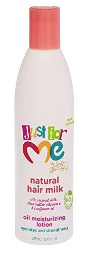 Just For Me Natural Hair Milk Lotion bottle back with usage notes for frizz control.