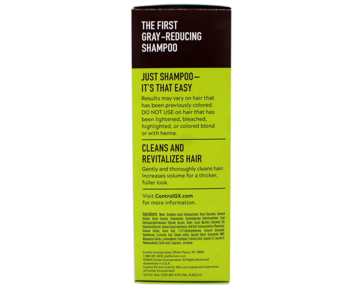 Just for Men Control GX grey reducing shampoo applied to hair for daily cleansing and color progress.