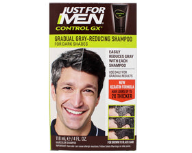 Just for Men Control GX grey reducing shampoo bottle cleanses while starting gradual grey reduction.