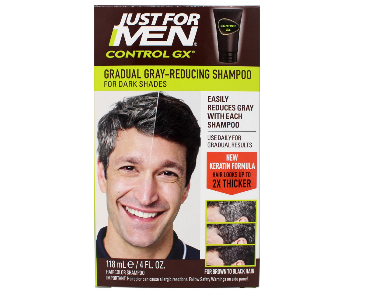 Just for Men Control GX grey reducing shampoo on sink setup suggests convenient daily use.