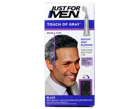 Just for Men Touch of Gray bottle close-up shows easy at-home color application.