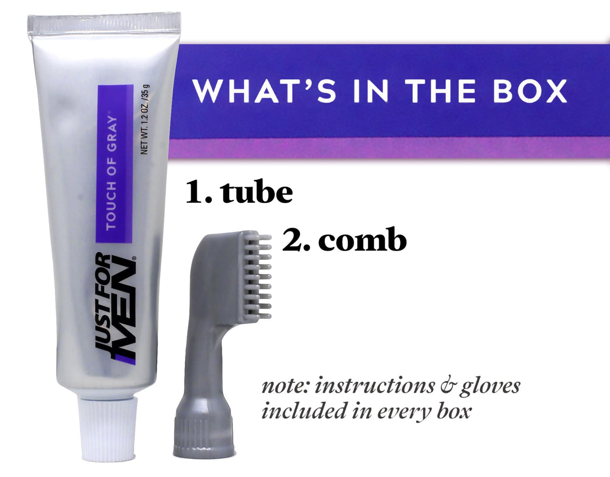 Just for Men Touch of Gray in-use scene highlights natural look and simple routine.