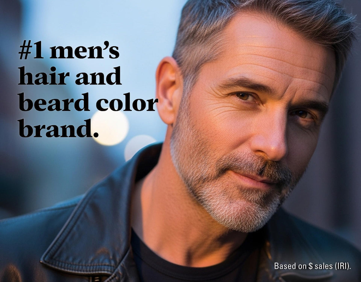 Just for Men Touch of Gray model application illustrates step-by-step shade blending.