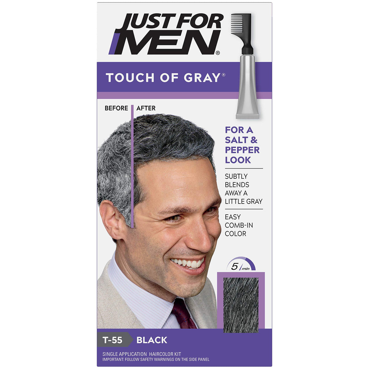 Just For Men Touch Of Gray black gray bottle in pack for natural-looking coverage
