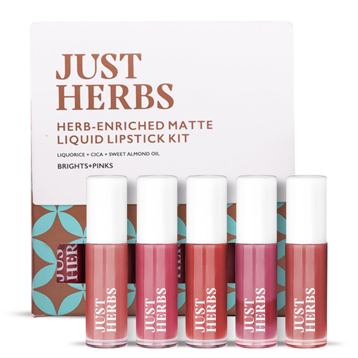 Just Herbs Liquid Lipstick Kit front view with five brights for everyday wear