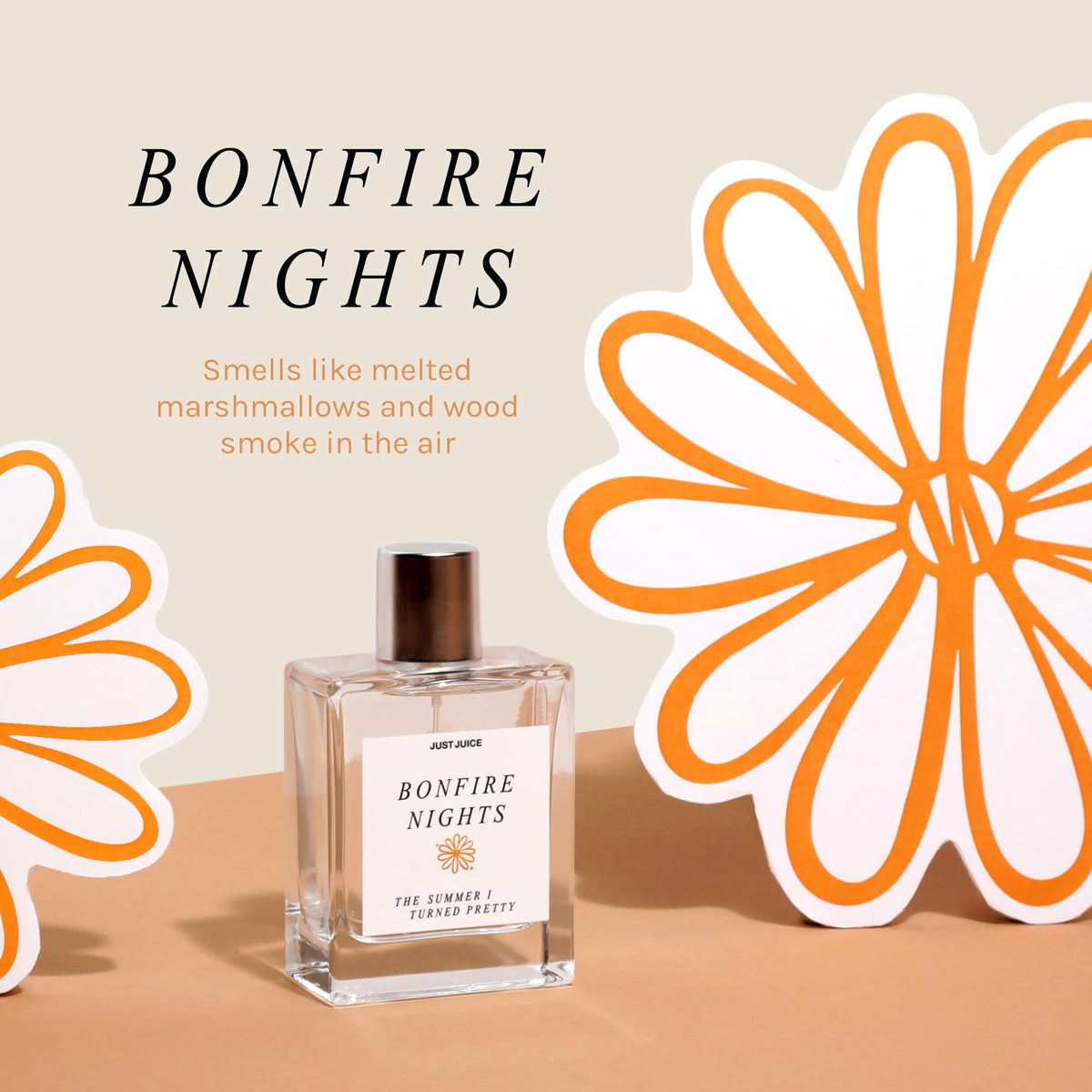 Just Juice Bonfire Nights bottle closeup, showcasing toasted vanilla notes for cozy evenings.