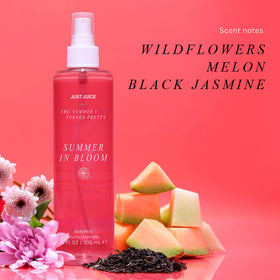 Just Juice Summer in Bloom cap closeup highlighting premium packaging.
