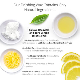 Natural wax formula with tallow, beeswax, and lemon essential oil for clean, simple care.