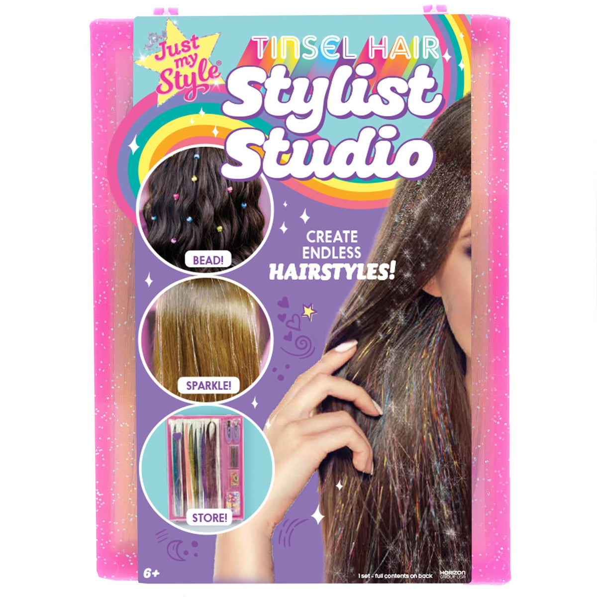 Just My Style tinsel hair stylist studio kit with rainbow extensions for quick festival-ready looks.