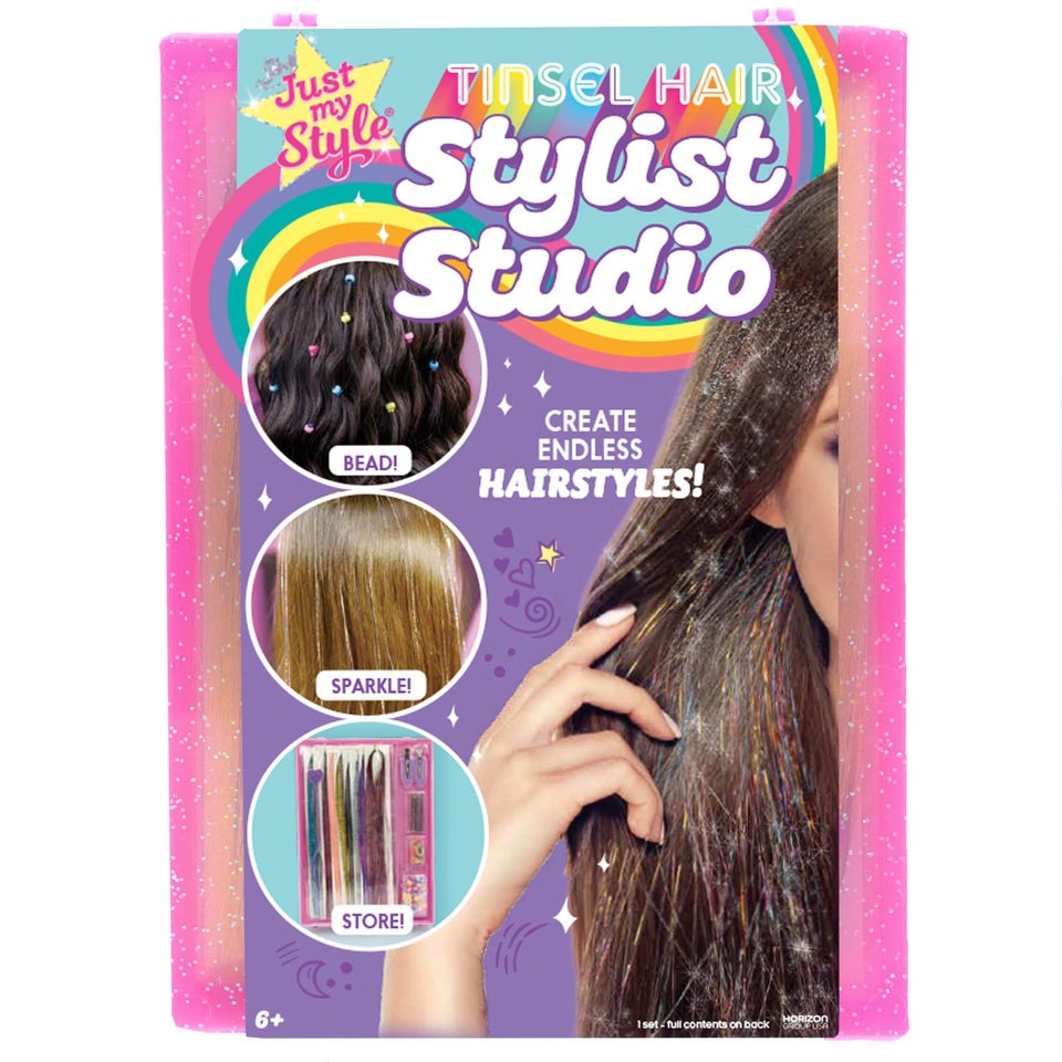 Just My Style tinsel hair stylist studio kit with rainbow extensions for quick festival-ready looks.
